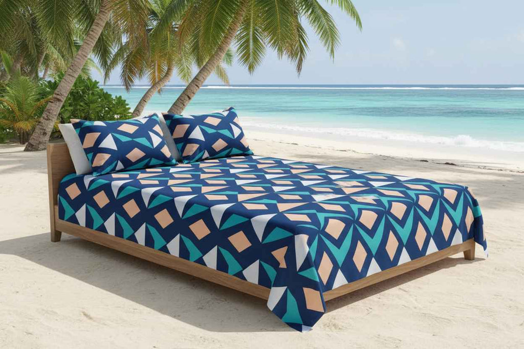 Geometric Print King Size Bedsheet | Navy, Teal & Peach