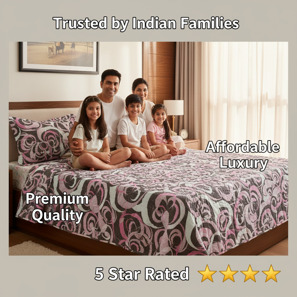 Queen Size Elegant Swirl Bed Sheet Set | 90x100 Inches | 2 Quilted Pillow Covers