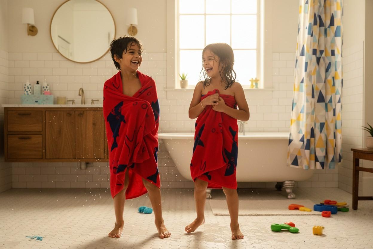 Kids Cotton Bath Towel | Red & Navy Blue Shark Print | Boys & Girls