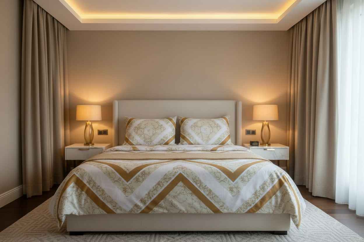 Double Bed Bedsheet – Gold Chevron Floral Print | White & Gold