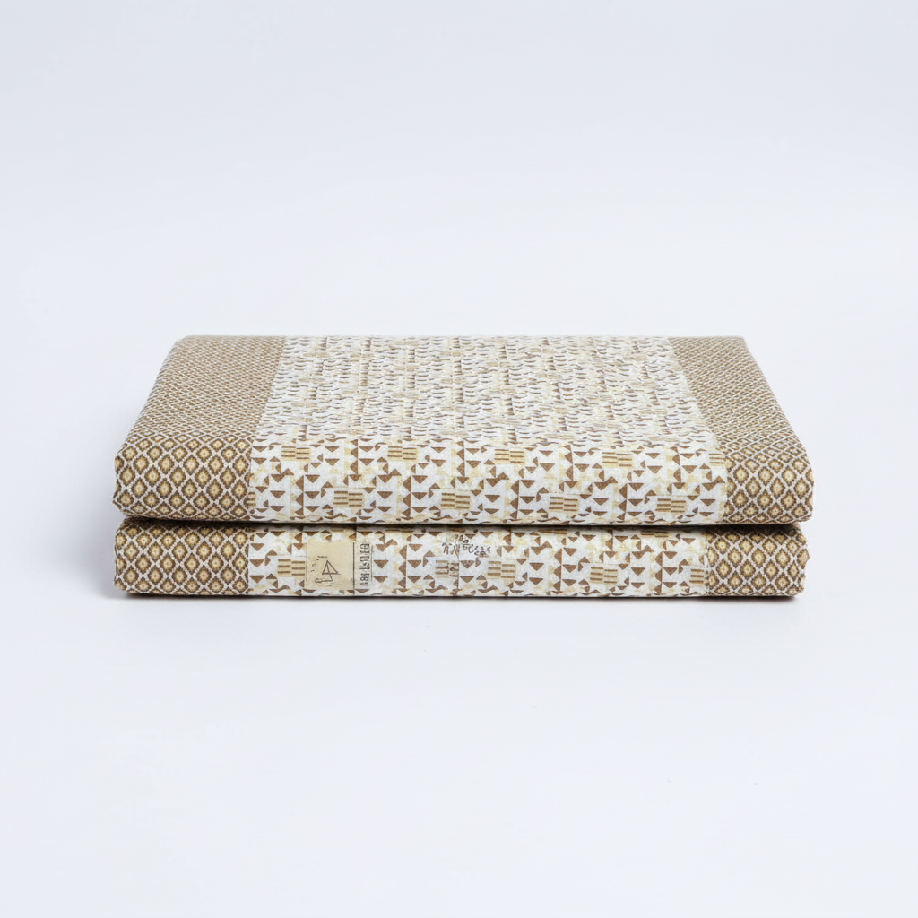 Premium Pure Cotton Geometric Top Sheet Single Bed (Set of 2)  - Cream & Gold Triangle Pattern