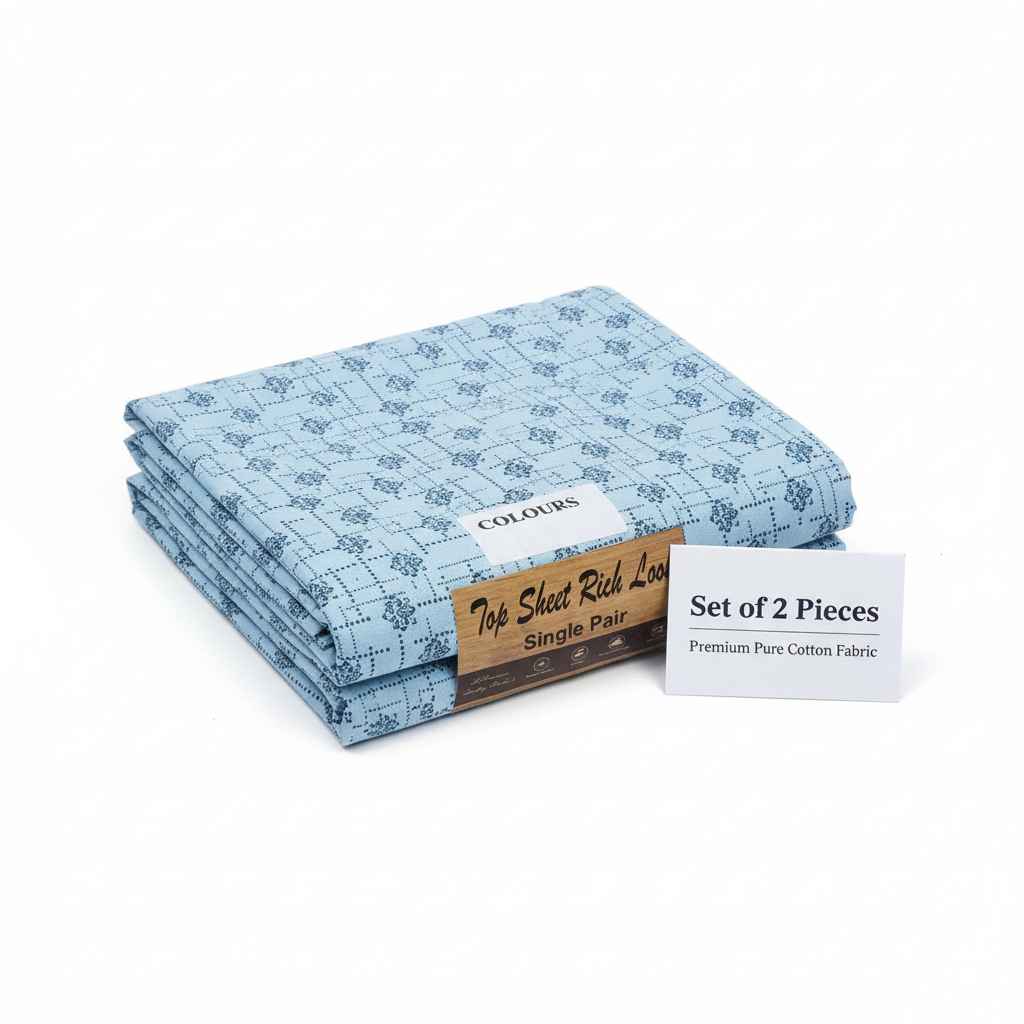 Premium Pure Cotton Single Top Sheet Set of 2 - Blue Geometric Floral Pattern