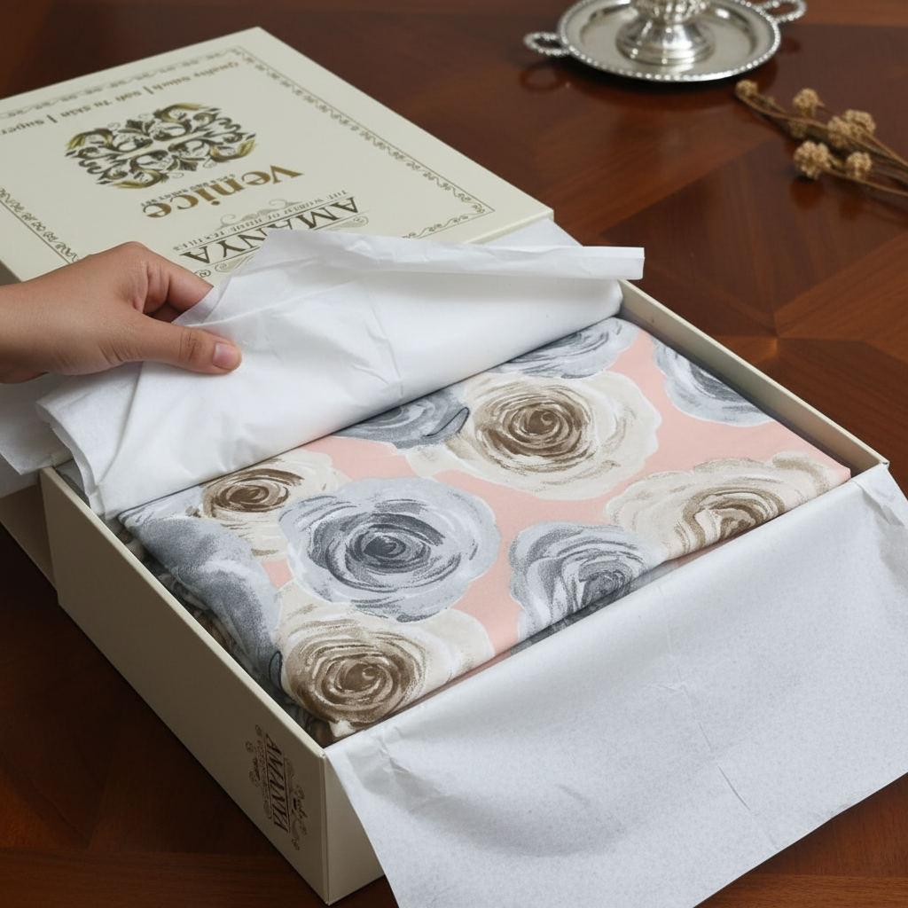 Premium Bedsheet Set with Pillow Covers - Grey & Beige Rose Pattern with Premium Packing