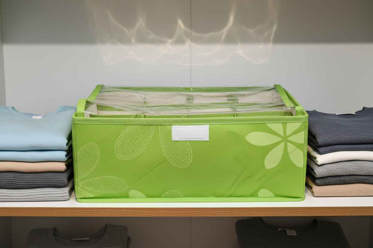 Green Fabric Storage Organizer Box with Transparent Lid | Foldable Drawer Organizer