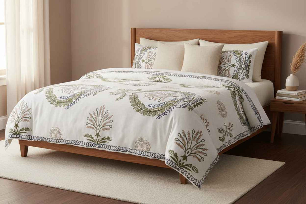 Double Bed Bedsheet – Botanical Wreath Print | White & Olive Green
