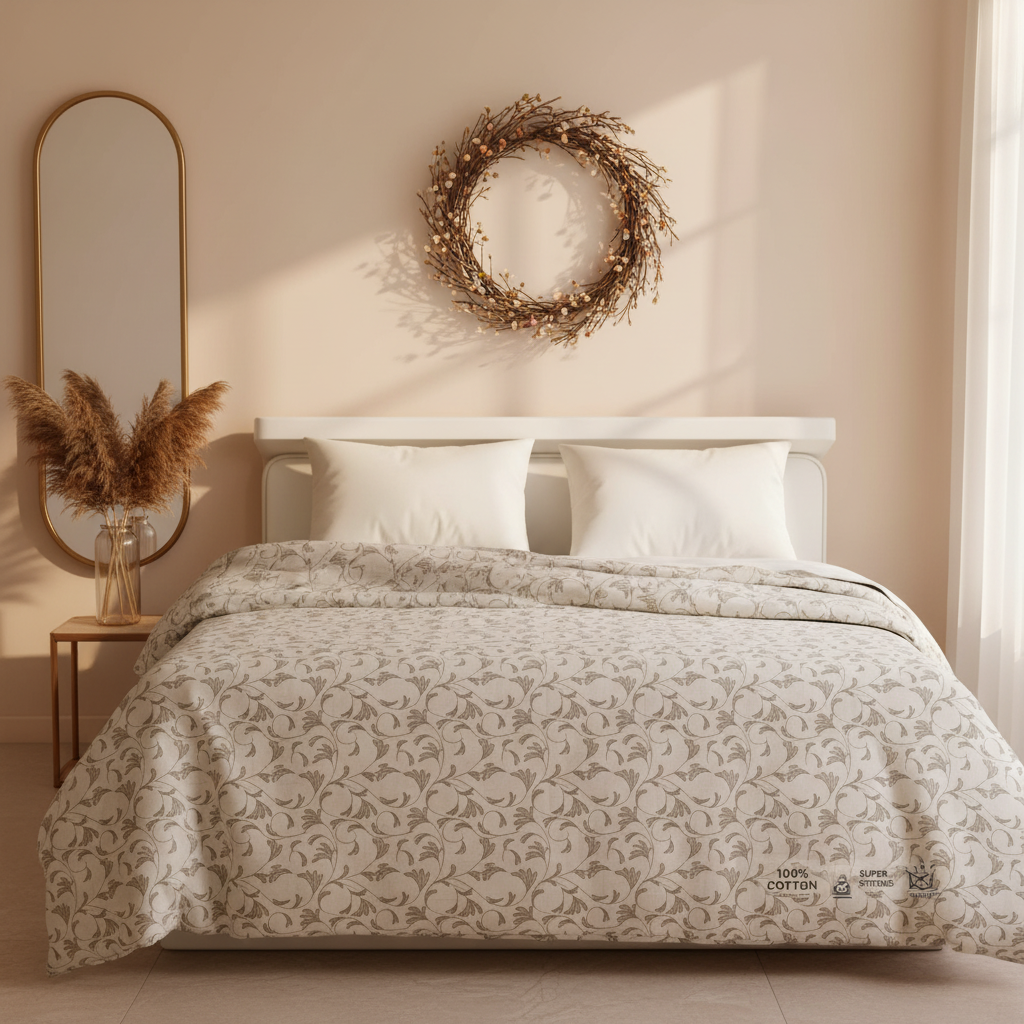 Summer Dohar Double Bed | White Grey Floral 100% Cotton Bedding