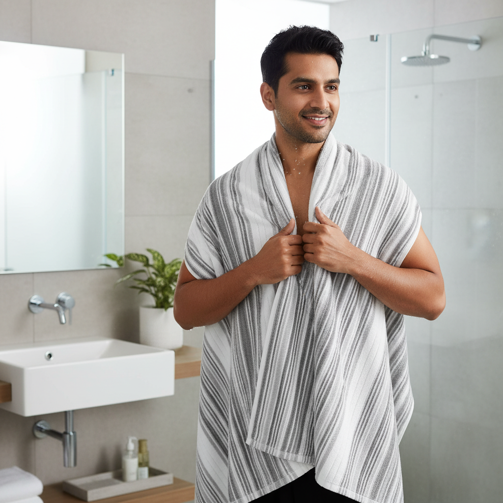 White Grey Striped Full Size Bath Towel for Unisex | Premium Absorbent