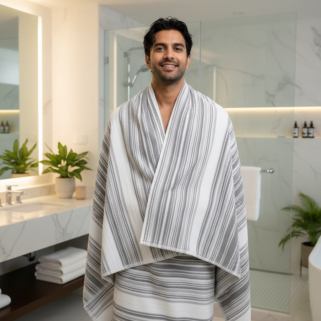 White Grey Striped Full Size Bath Towel for Unisex | Premium Absorbent