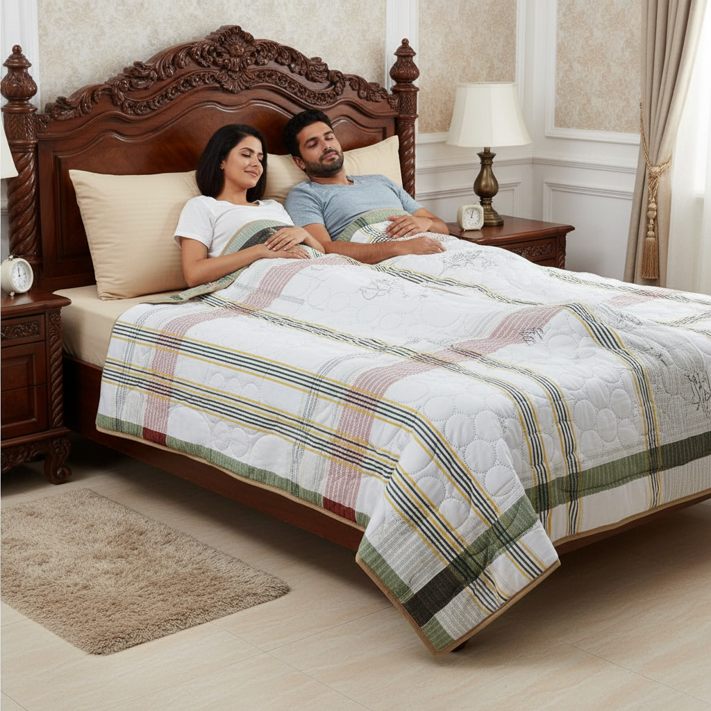 Summer Comforter  White Striped Border Double Bed | Elegant Quilted Bedding