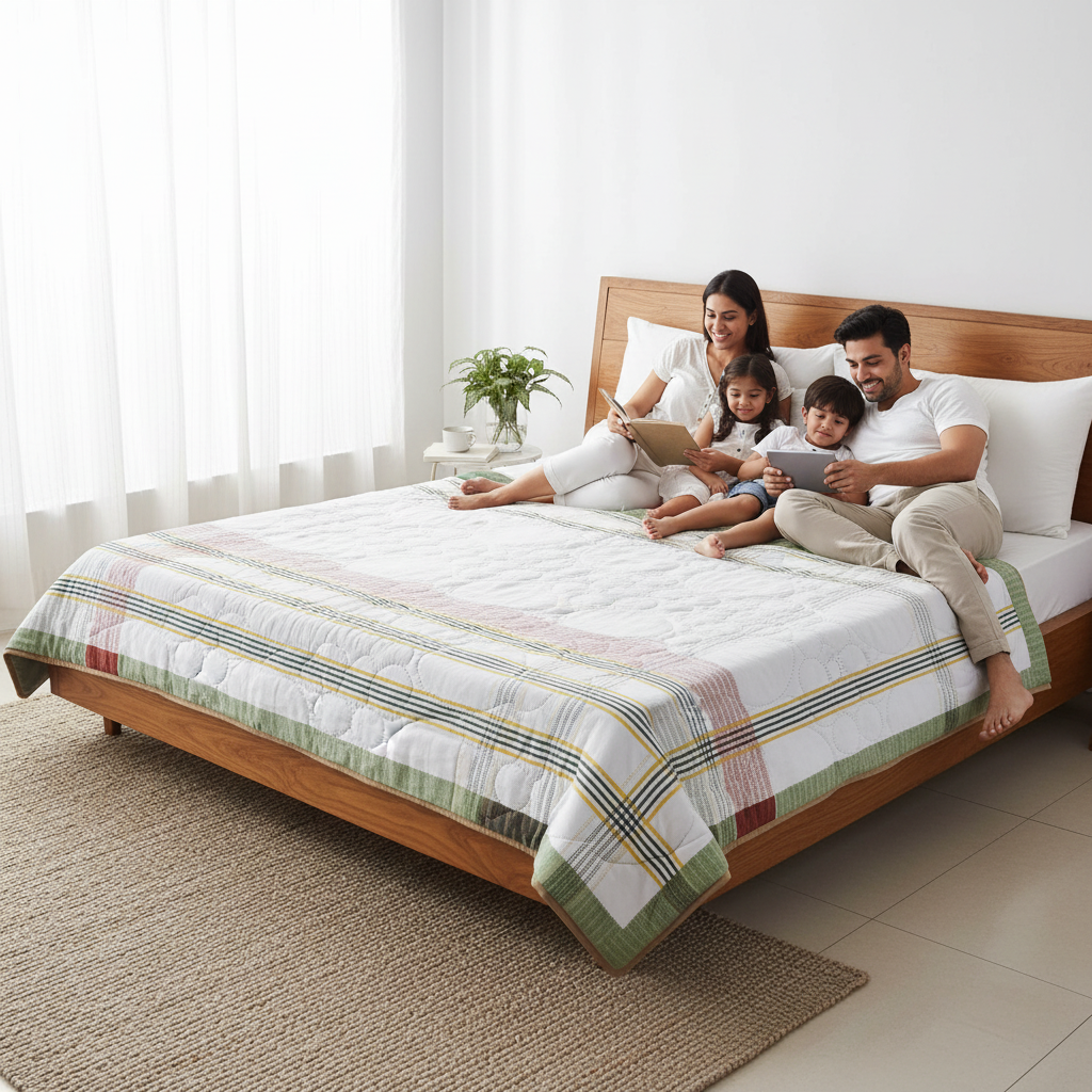 Summer Comforter  White Striped Border Double Bed | Elegant Quilted Bedding