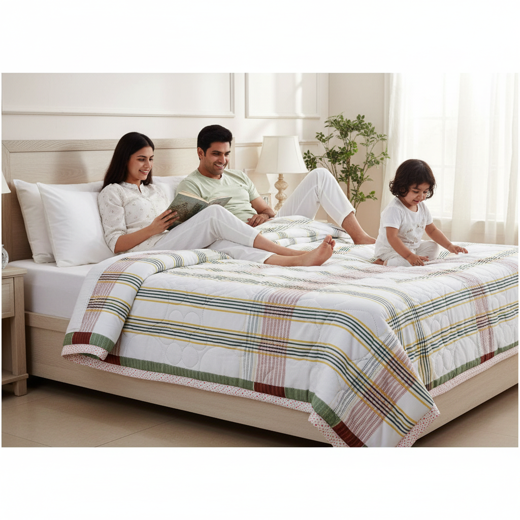 Summer Comforter  White Striped Border Double Bed | Elegant Quilted Bedding