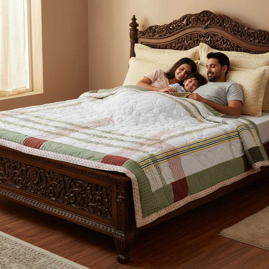 Summer Comforter  White Striped Border Double Bed | Elegant Quilted Bedding