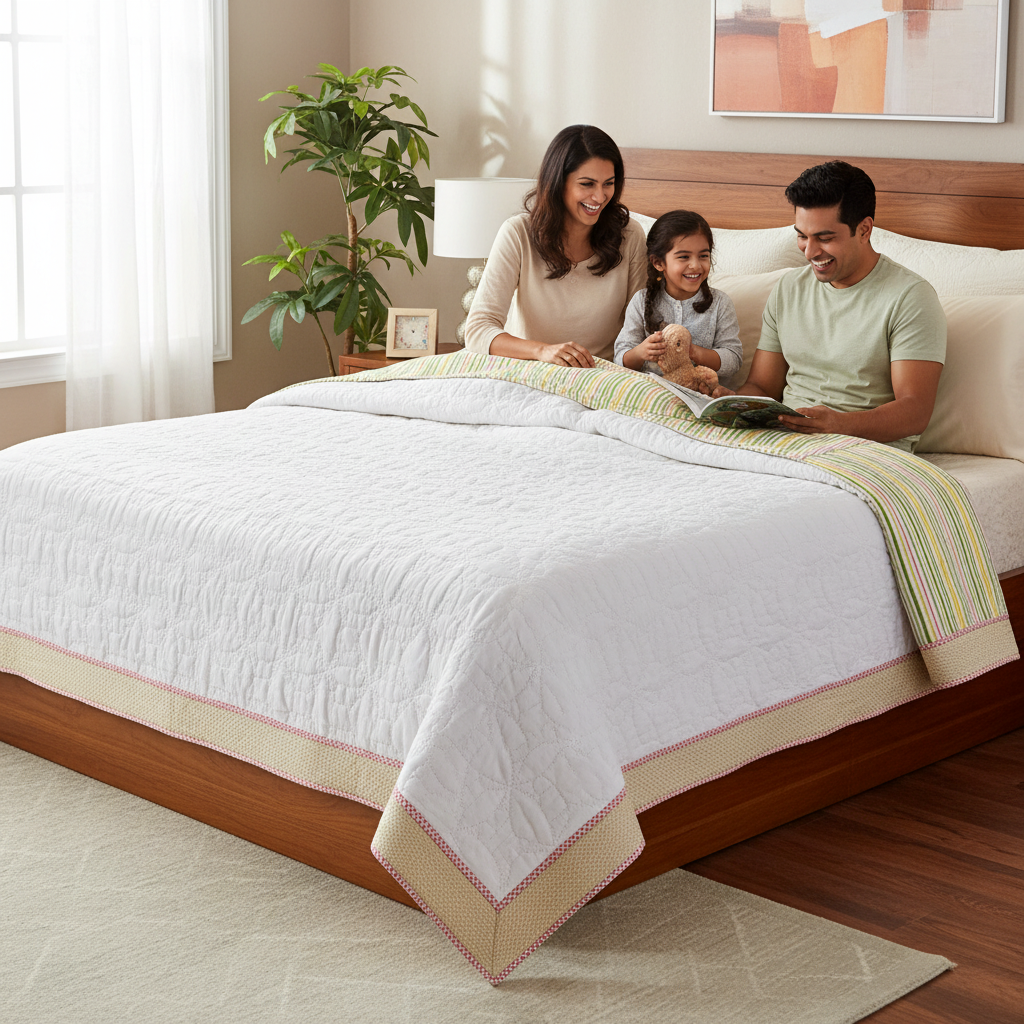 Summer Comforter  White Striped Border Double Bed | Elegant Quilted Bedding