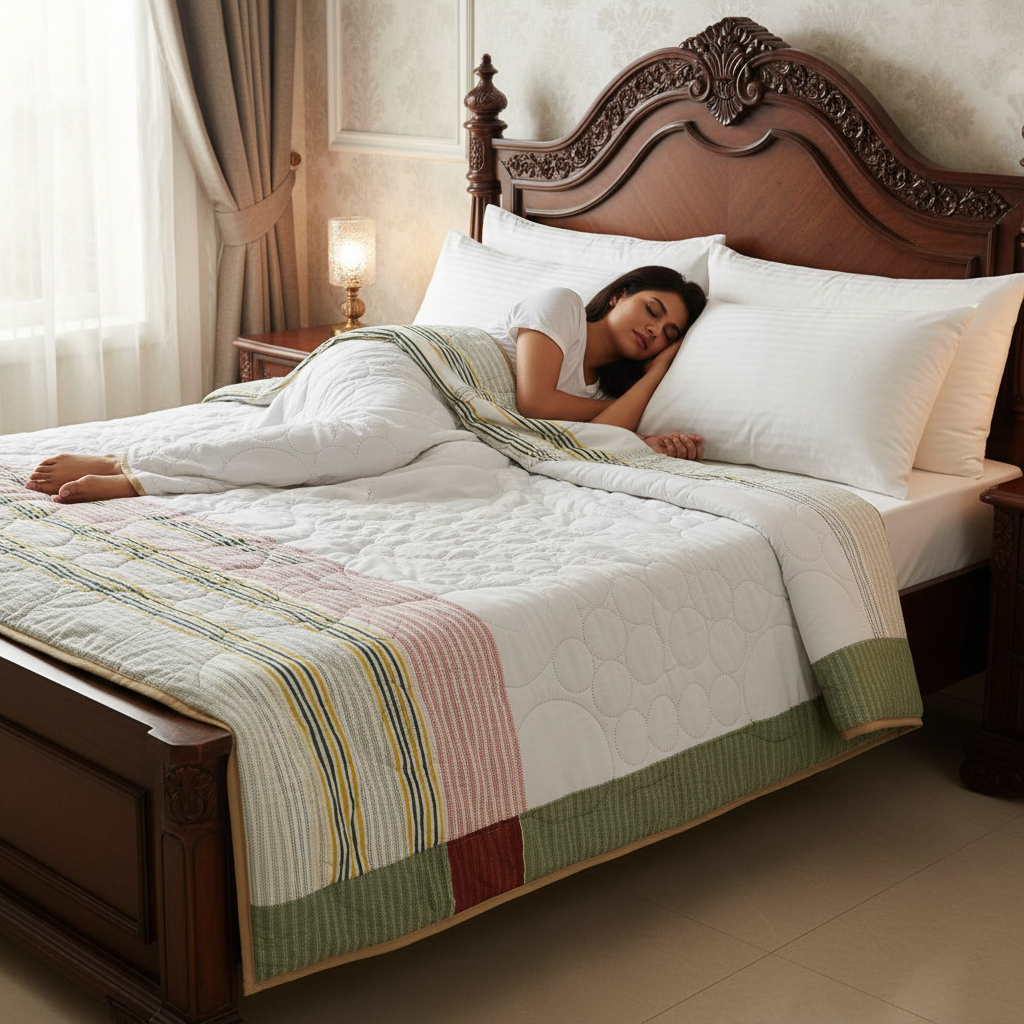 Summer Comforter  White Striped Border Double Bed | Elegant Quilted Bedding