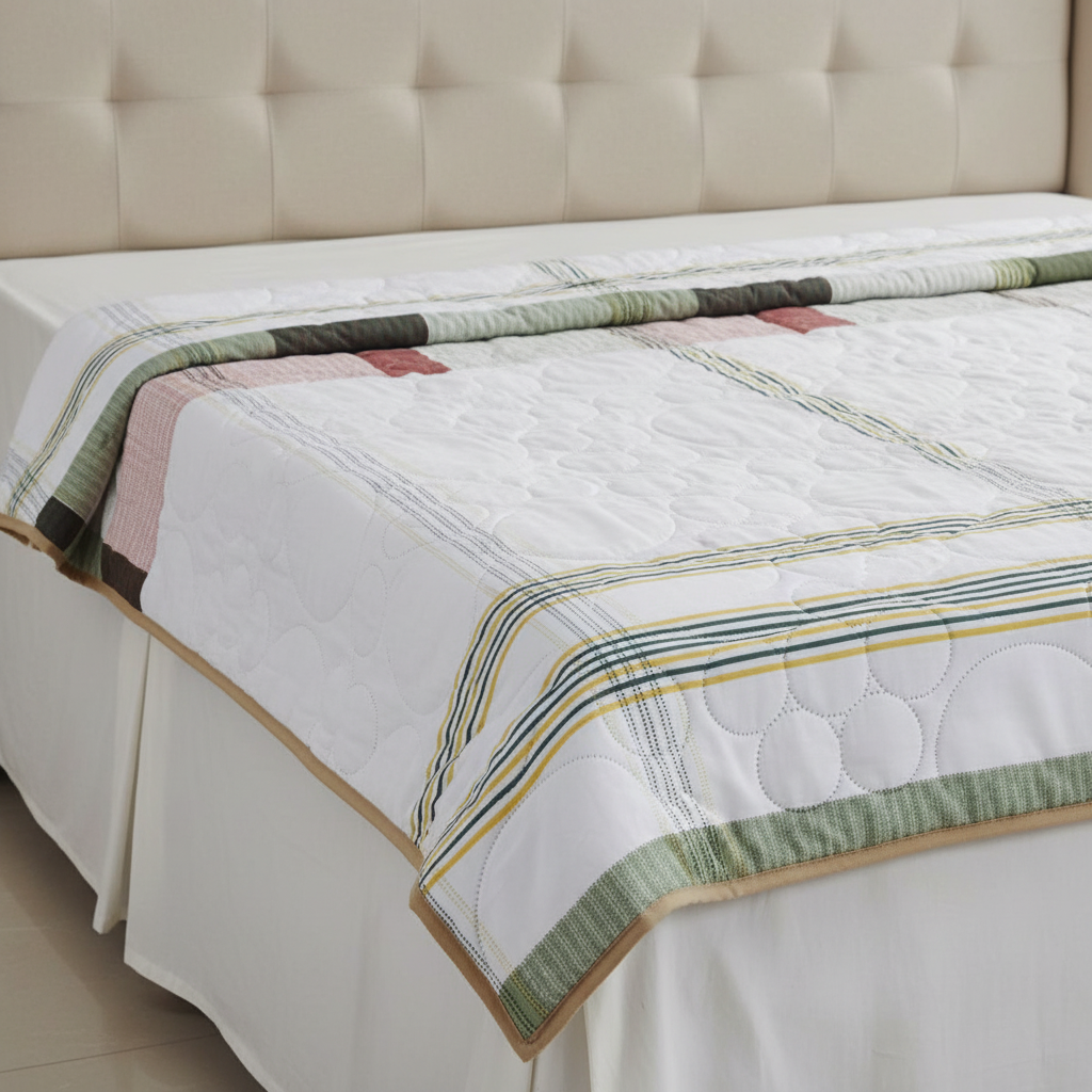 Summer Comforter  White Striped Border Double Bed | Elegant Quilted Bedding
