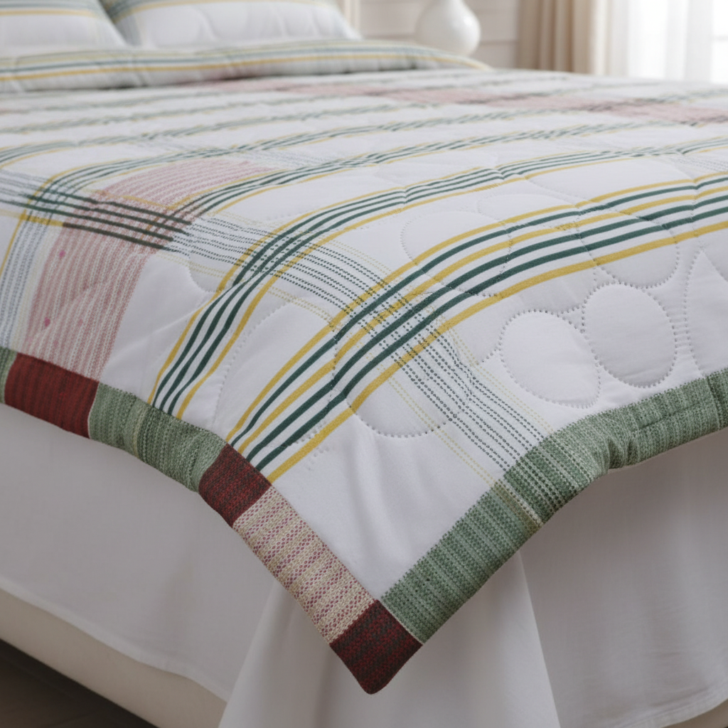 Summer Comforter  White Striped Border Double Bed | Elegant Quilted Bedding