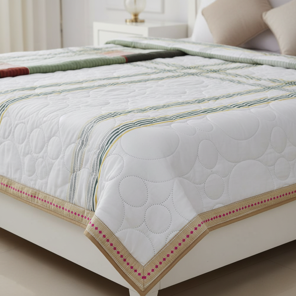 Summer Comforter  White Striped Border Double Bed | Elegant Quilted Bedding