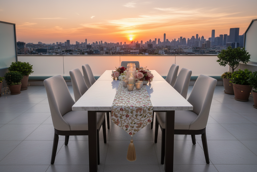 Embroidered Floral Table Runner with Tassel Ends