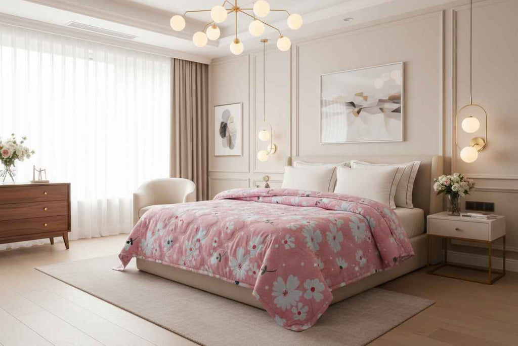 Pink Daisy Double Bed Comforter | Soft Floral Summer Quilted Bedding
