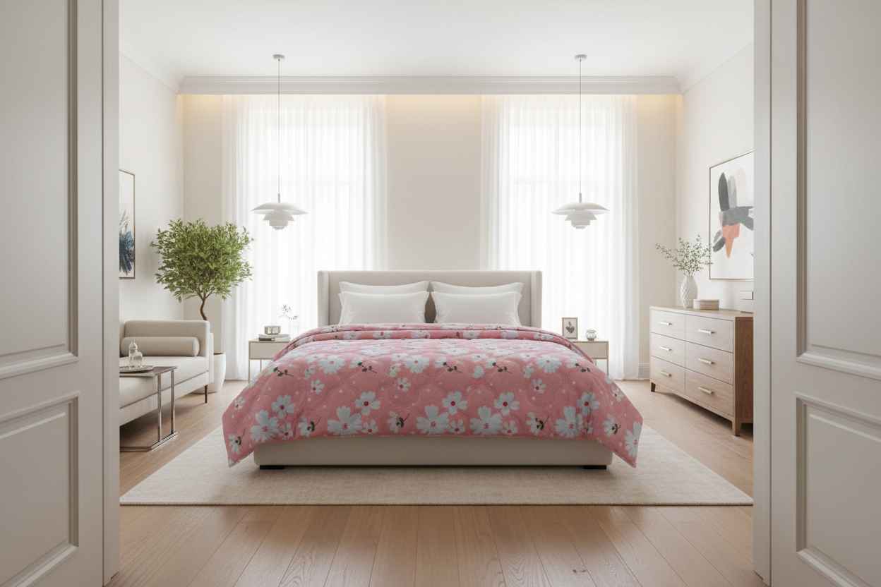 Pink Daisy Double Bed Comforter | Soft Floral Summer Quilted Bedding
