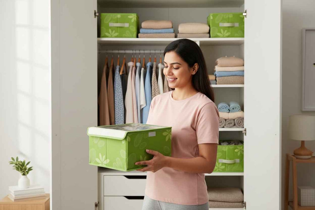Green Fabric Storage Organizer Box with Transparent Lid | Foldable Drawer Organizer