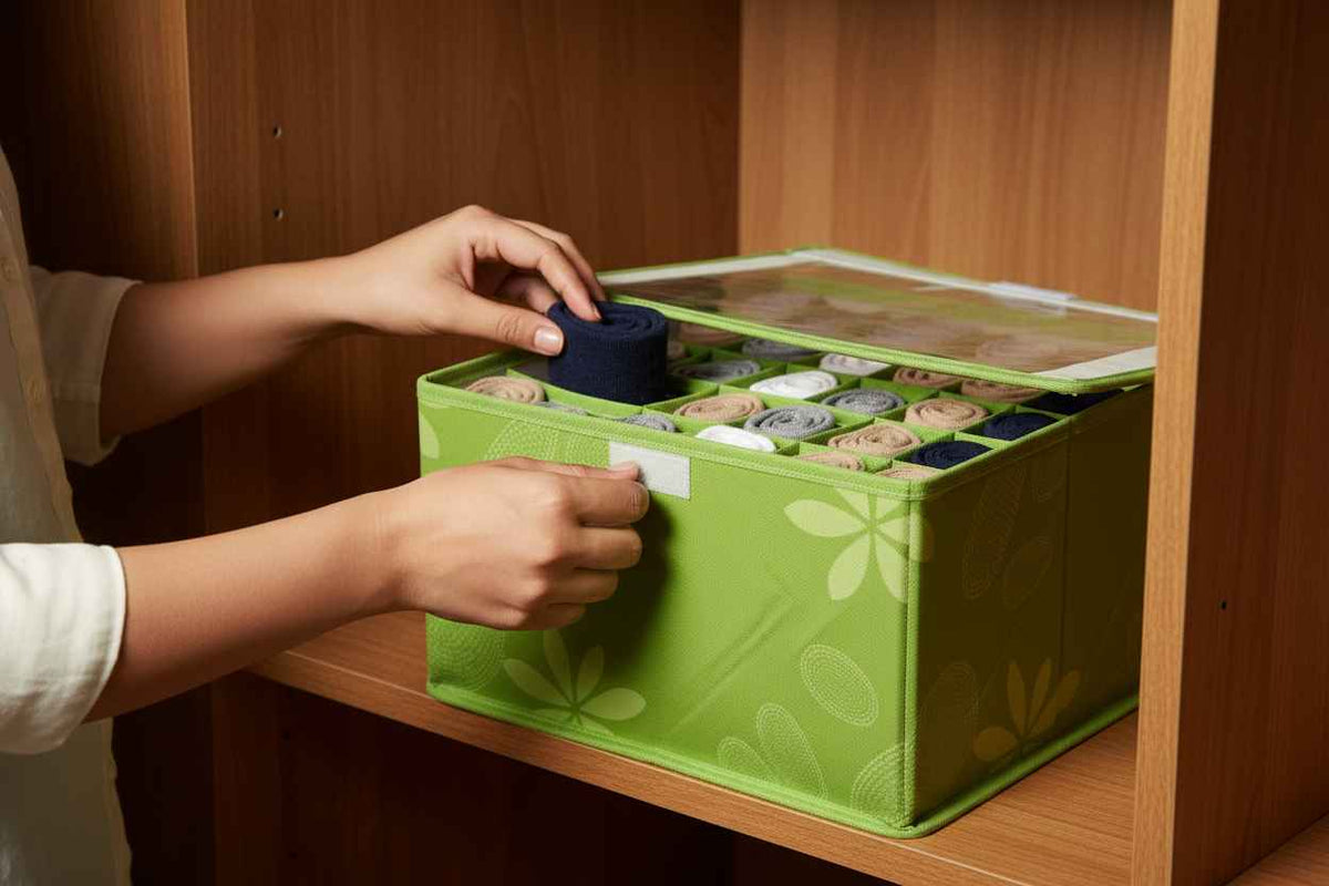 Green Fabric Storage Organizer Box with Transparent Lid | Foldable Drawer Organizer