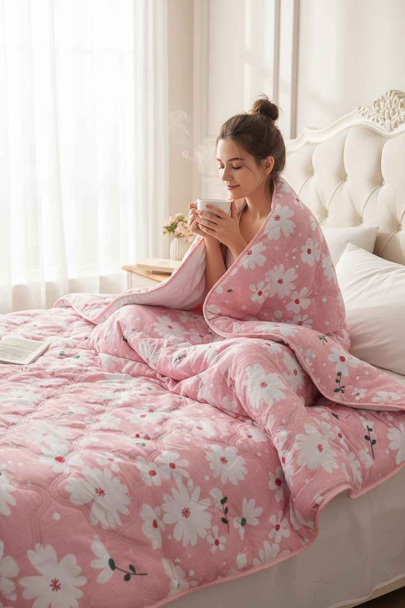 Woman sitting on a bed wrapped in a pink floral blanket holding a mug.