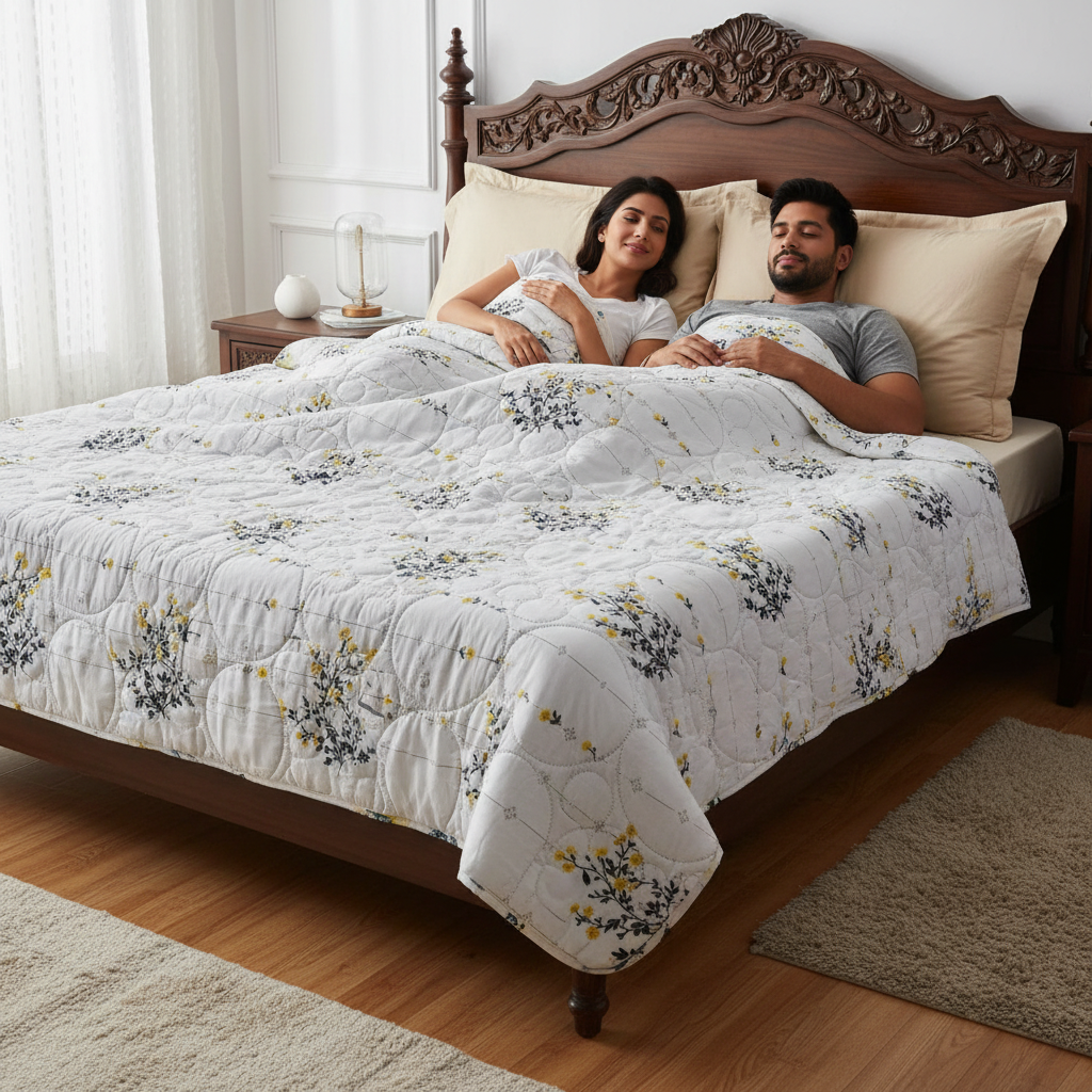 Summer Comforter | White Yellow Floral Double Bed  Elegant Quilted Bedding