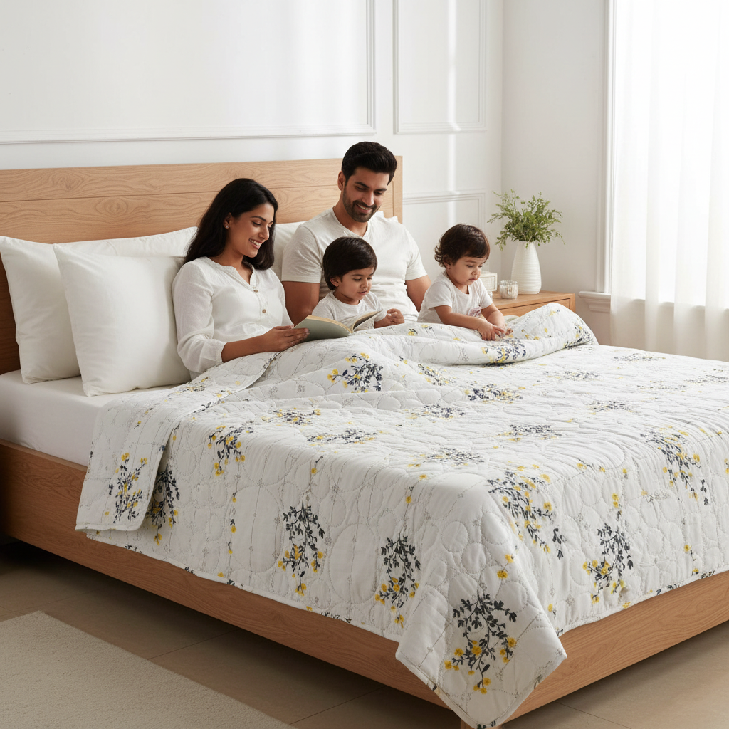 Summer Comforter | White Yellow Floral Double Bed  Elegant Quilted Bedding
