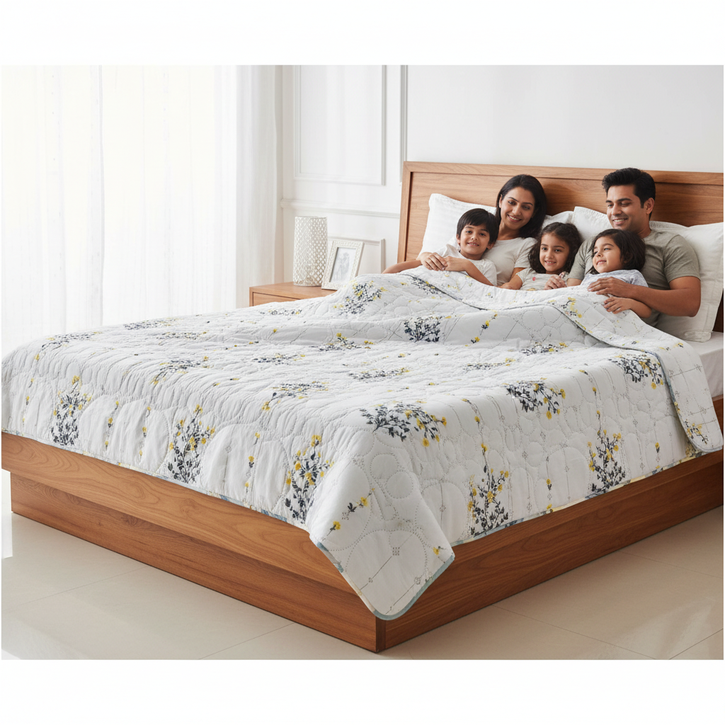 Summer Comforter | White Yellow Floral Double Bed  Elegant Quilted Bedding