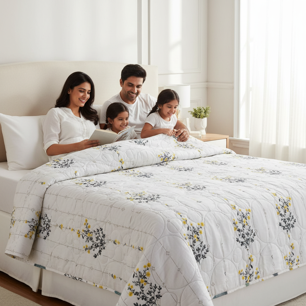 Summer Comforter | White Yellow Floral Double Bed  Elegant Quilted Bedding