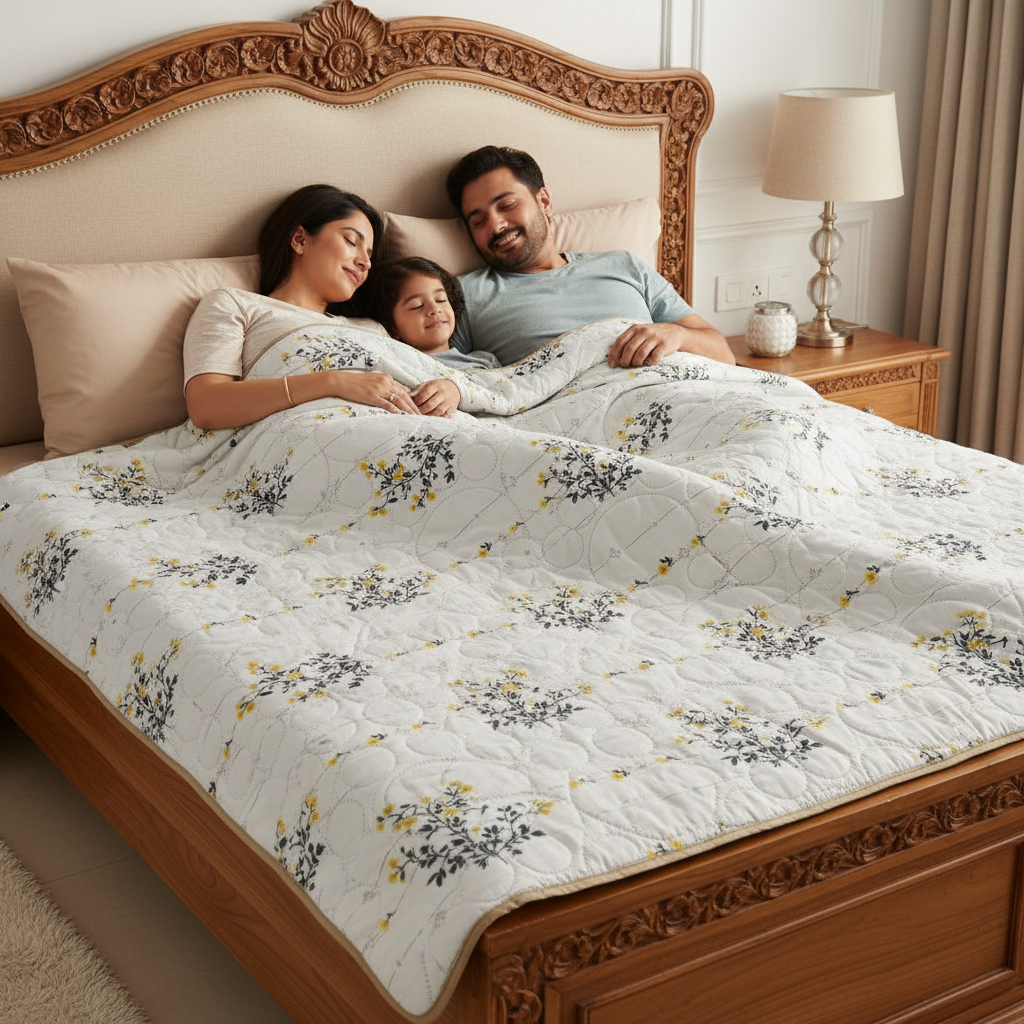 Summer Comforter | White Yellow Floral Double Bed  Elegant Quilted Bedding
