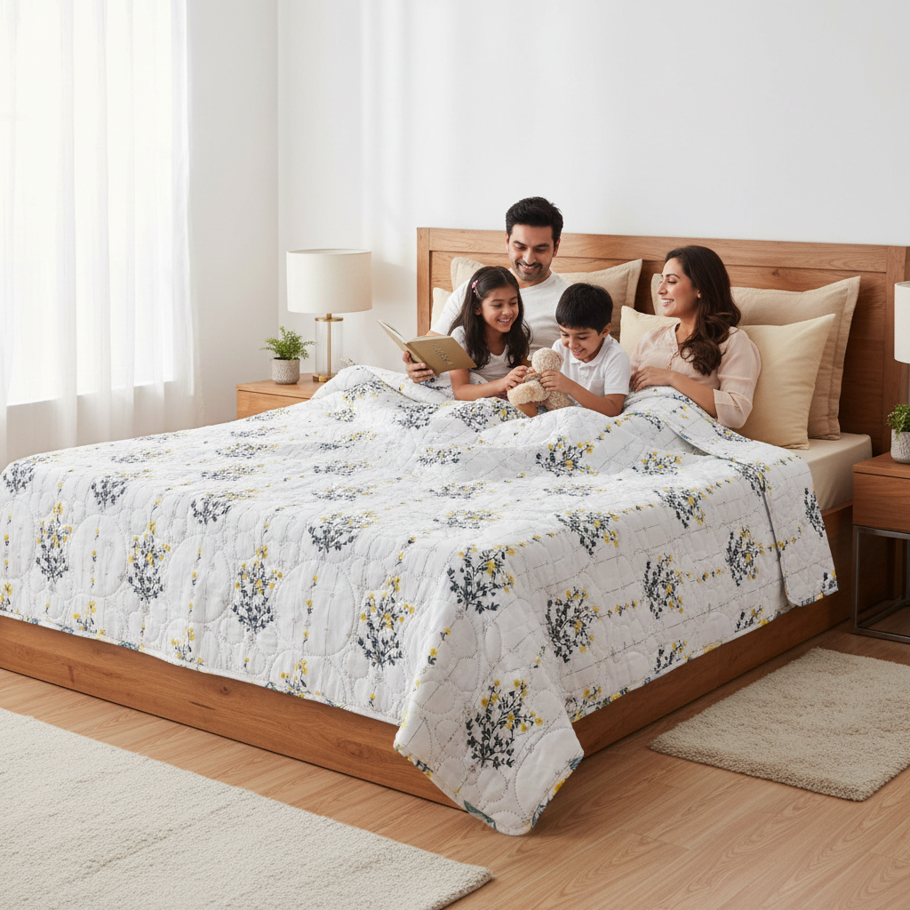 Summer Comforter | White Yellow Floral Double Bed  Elegant Quilted Bedding