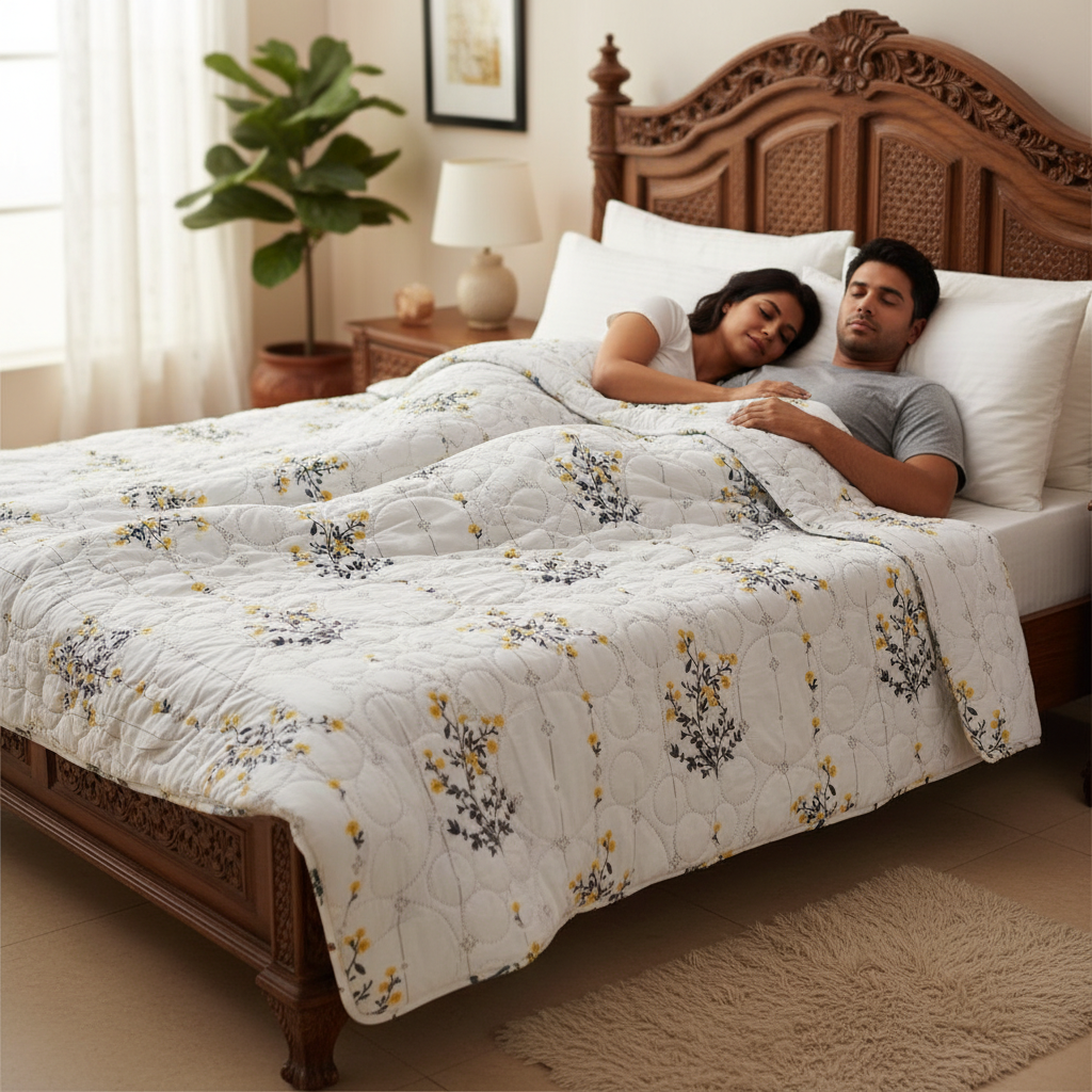 Summer Comforter | White Yellow Floral Double Bed  Elegant Quilted Bedding