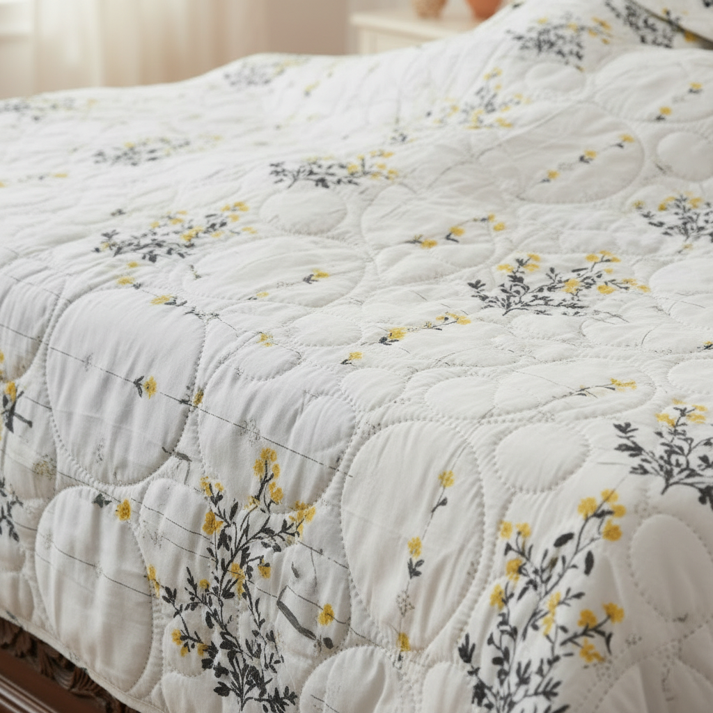Summer Comforter | White Yellow Floral Double Bed  Elegant Quilted Bedding
