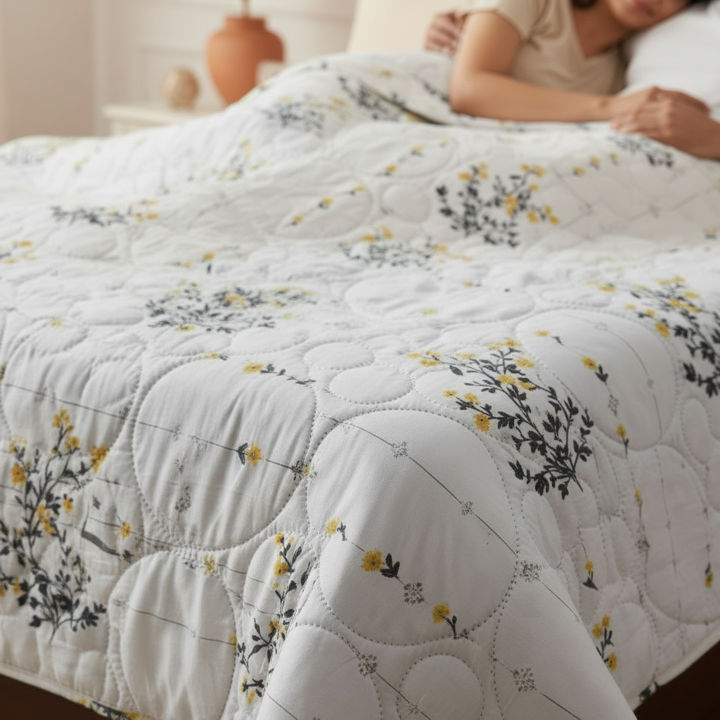 Summer Comforter | White Yellow Floral Double Bed  Elegant Quilted Bedding
