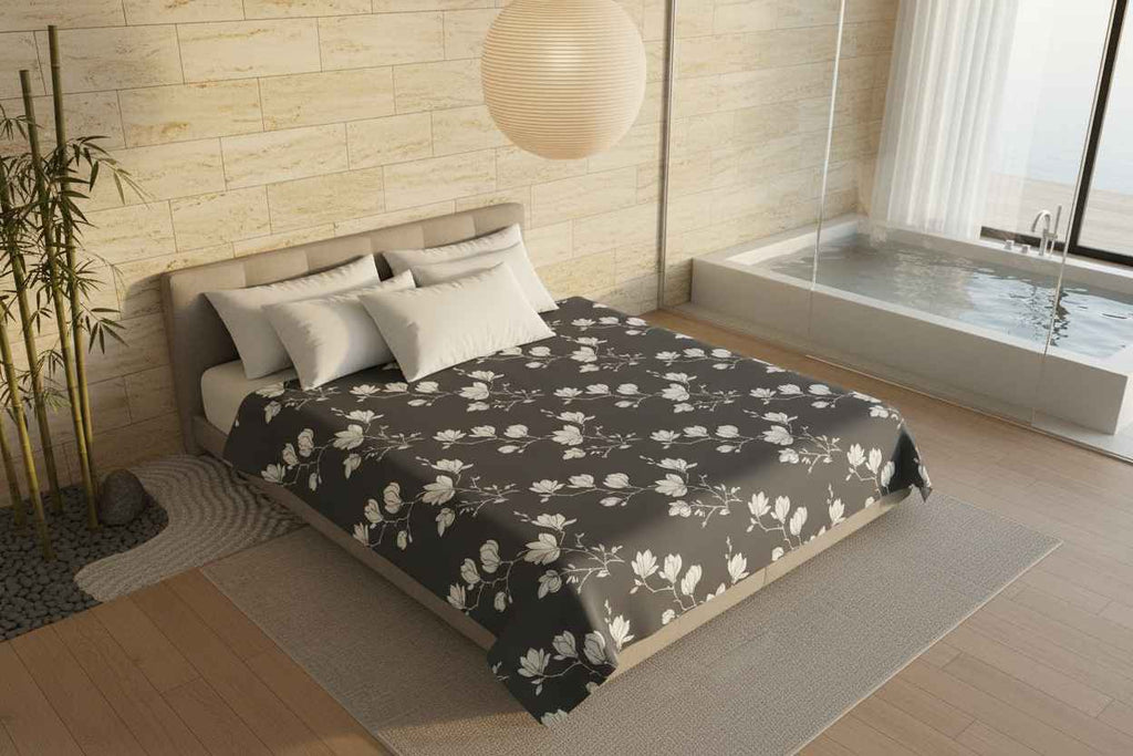 Charcoal Magnolia Floral Bedsheet Set — Dark Grey & White